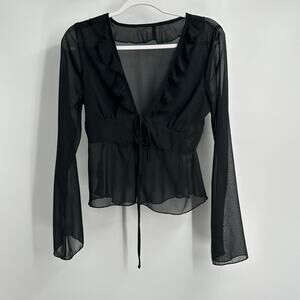 Womens Y2K Sheer Top Size S  Fairygrunge Whimsigoth Witchy Ruffle Tie Blouse